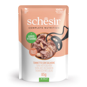 Schesir tonijn met zalm (jelly) natvoer kat (zakjes) 4 dozen (48 x 85 g)