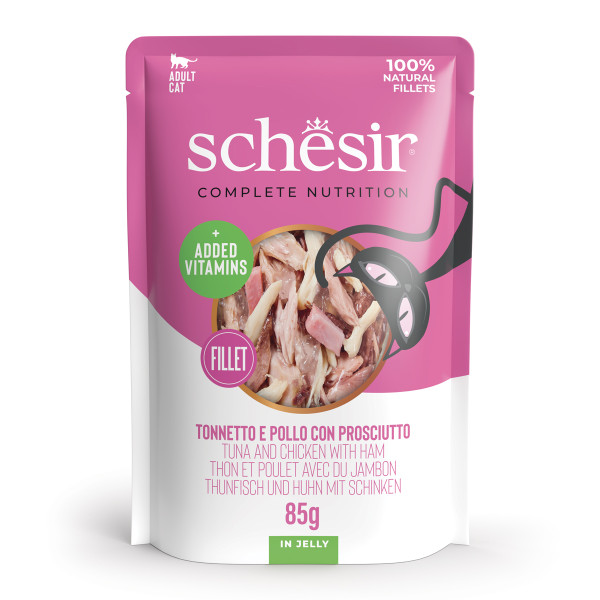 Schesir Schesir tonijn, kip met ham (jelly) natvoer kat (zakjes) 4 dozen (48 x 85 g)