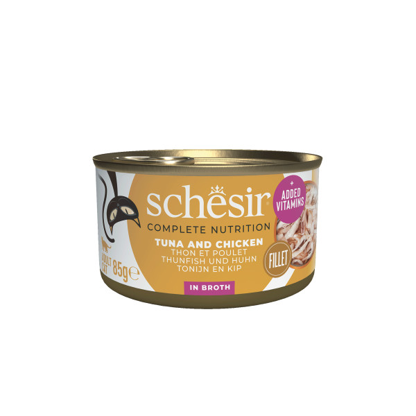 Schesir Schesir tonijn en kip (in bouillon) natvoer kat (blikjes) 1 tray (12 x 85 g)