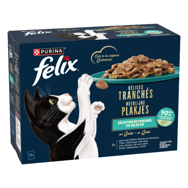 Felix Felix Heerlijke Plakjes Vis Selectie met zalm, tonijn, kabeljauw, schol in gelei natvoer kat 12 x 80 g
