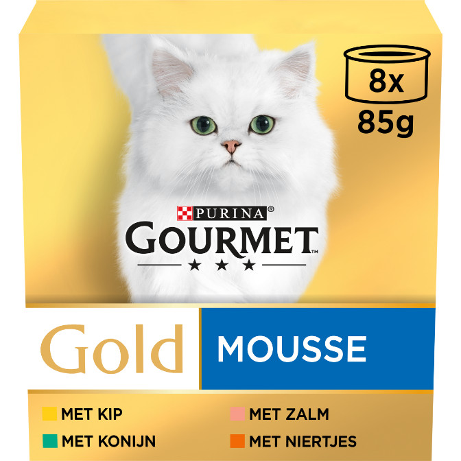 Gourmet Gold Mousse met kip/zalm/niertjes/konijn kattenvoer 8-pack