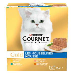 Gourmet Gold 8-Pack Mousse kip/zalm/niertjes/konijn kat 6 doosjes (48 blikken)