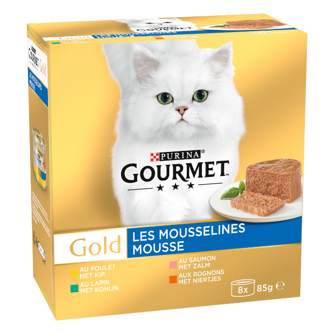 Gourmet Gold Mousse met kip/zalm/niertjes/konijn kattenvoer 8-pack