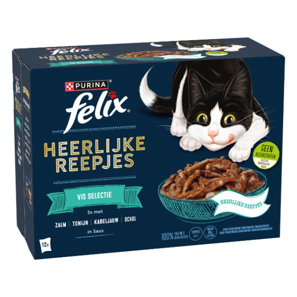 Felix Felix Heerlijke Reepjes Vis Selectie met zalm, tonijn, kabeljauw, schol in saus natvoer kat 4 x (12 x 80 g)