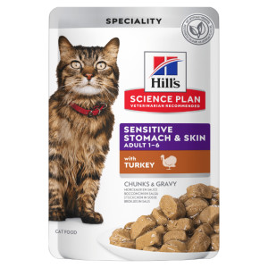 Hill's Adult Sensitive Stomach & Skin nat kattenvoer met kalkoen maaltijdzakje multipack 1 doos (12 x 85 g)