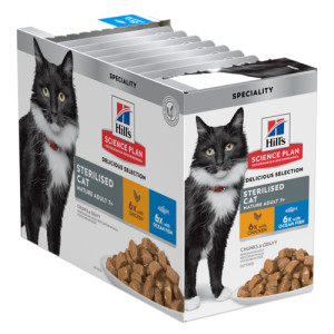 Hill's Mature Adult 7+ Sterilised Cat nat kattenvoer met kip en oceaanvis maaltijdzakje combipack 1 doos (12 x 85 g)