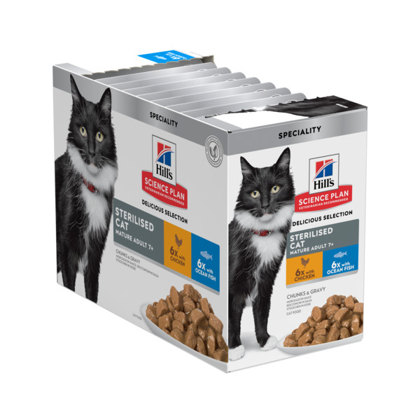 Hill's Hill's Mature Adult 7+ Sterilised Cat nat kattenvoer met kip en oceaanvis maaltijdzakje combipack 4 dozen (48 x 85 g)