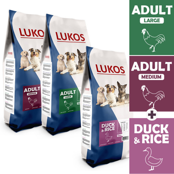 Lukos Lukos probeerpakket - met gevogelte en met eend - premium hondenvoer Medium: 3 kg + 3 kg