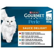 Gourmet Perle Sauce Delight met rund/kip/tonijn/zalm natvoer kat (85g, zakjes) 1 doos (12 x 85 g)