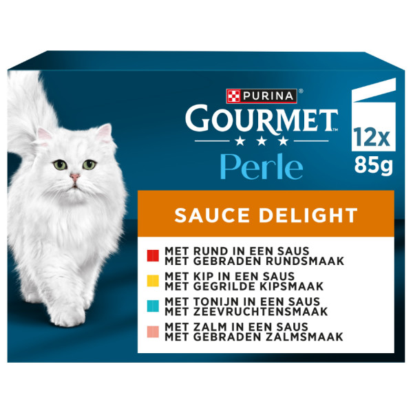 Gourmet Gourmet Perle Sauce Delight met rund/kip/tonijn/zalm natvoer kat (85g, zakjes) 1 doos (12 x 85 g)