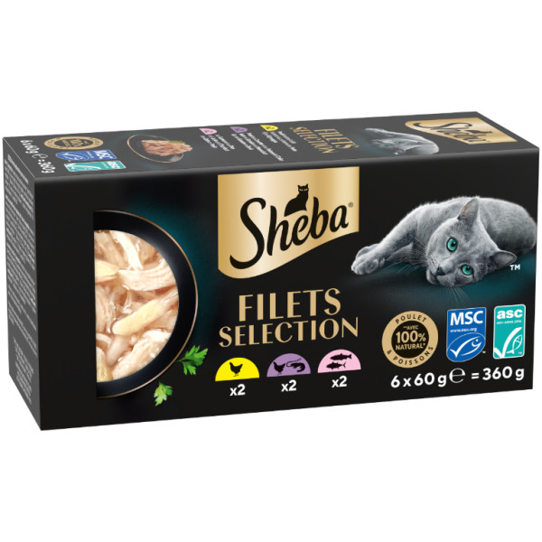 Sheba Sheba Filets Selection kip, oceaanvis-garnaal, zalm-tonijn natvoer kat multipack (kuipjes 60 g) 6 x 60 g