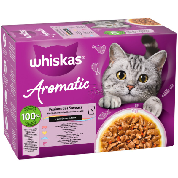 Whiskas Whiskas 1+ Aromatic Heerlijke Combinaties in saus natvoer kat multipack (zakjes 85 g) 1 verpakking (12 x 85 g)