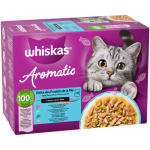 Whiskas 1+ Aromatic Zalige Zeevruchten in saus natvoer kat multipack (zakjes 85 g) 1 verpakking (12 x 85 g) afbeelding