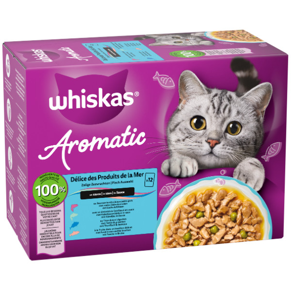 Whiskas Whiskas 1+ Aromatic Zalige Zeevruchten in saus natvoer kat multipack (zakjes 85 g) 1 verpakking (12 x 85 g)