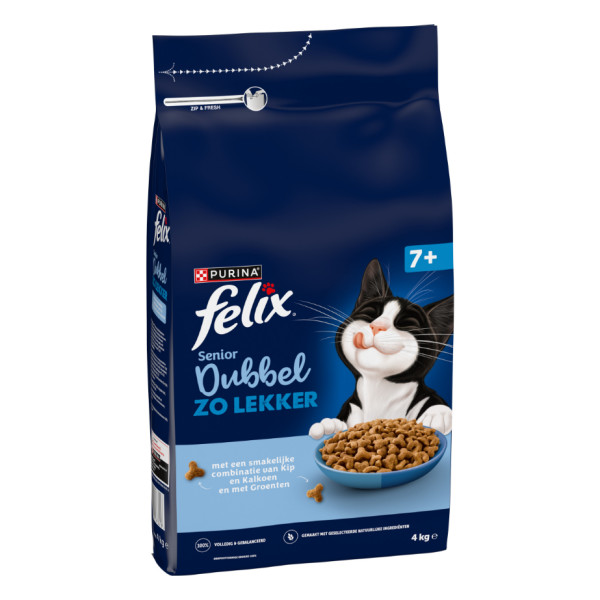 Felix Felix Dubbel Zo Lekker Senior met kip, kalkoen en groenten kattenvoer 4 kg