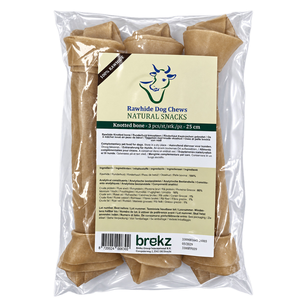 Brekz Rawhide - runderhuidbot geknoopt kauwsnack hond 25 cm