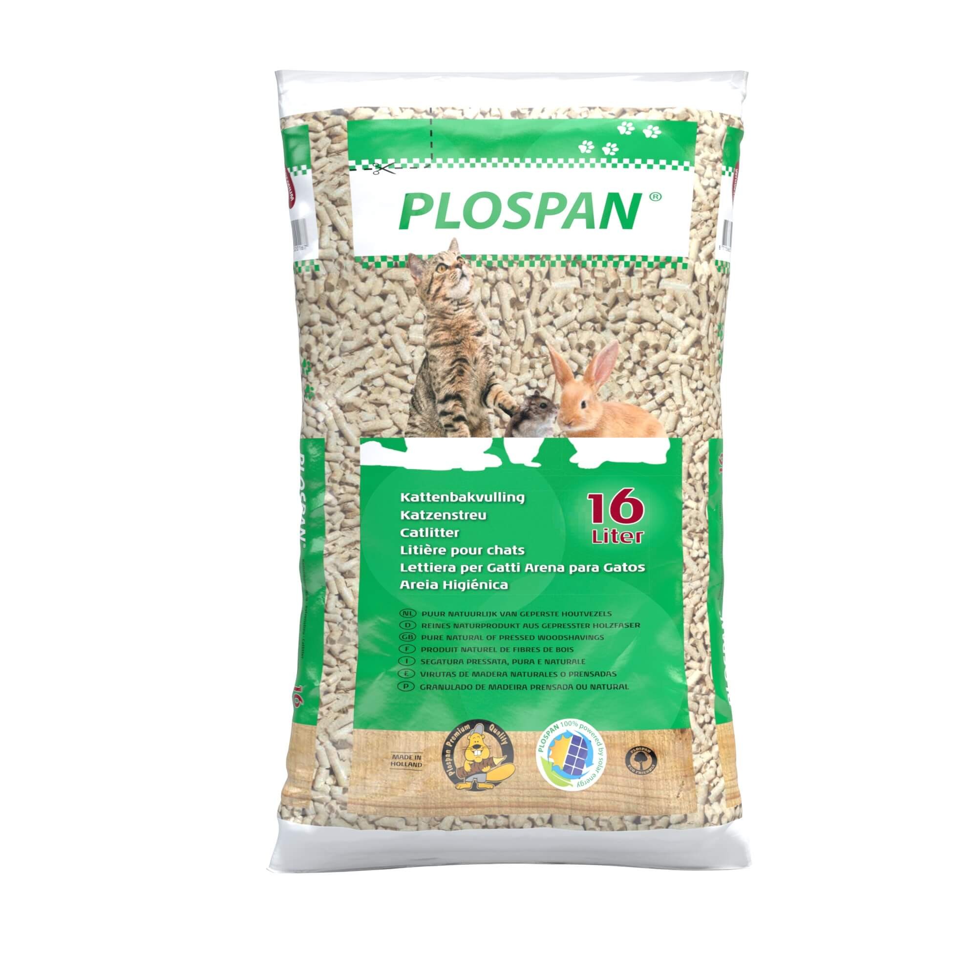 Afbeelding Plospan Houtkorrels Kattengrit - "Nieuwe verpakking" 16 liter door Brekz.nl